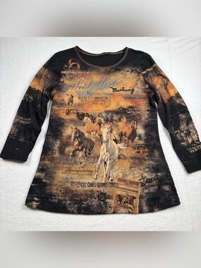Flower N Ring Graphic Horse-Print Long Sleeve Women's Blouse in Black and Brown